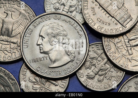 Münzen der USA. George Washington auf der US-Quarter-Münze abgebildet. Stockfoto