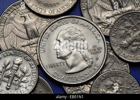 Münzen der USA. George Washington auf der US-Quarter-Münze abgebildet. Stockfoto