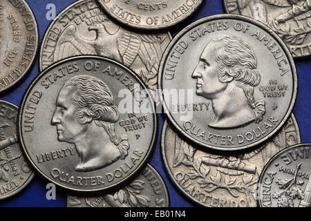 Münzen der USA. George Washington auf der US-Quarter-Münze abgebildet. Stockfoto