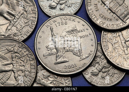 Münzen der USA. Freiheitsstatue in New York auf die uns New York State Quarter dargestellt (1999). Stockfoto