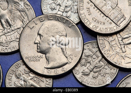 Münzen der USA. George Washington auf der US-Quarter-Münze abgebildet. Stockfoto