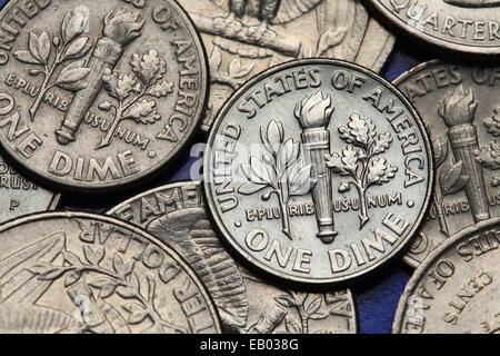 Münzen der USA. Fackel, Eiche Niederlassung und Olivenzweig auf die US-Cent-Münze abgebildet. Stockfoto