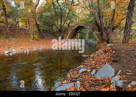 Die Kelefos venezianischen Brücke mit Herbst Farben im Troodos-Gebirge von Zypern Stockfoto