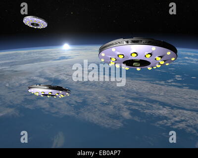Drei UFOs fliegen auf der Erde durch die aufgehende Sonne - 3D render Stockfoto