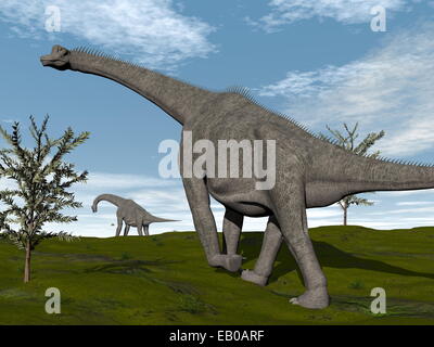 Brachiosaurus Dinosaurier zu Fuß auf dem Rasen durch Tag - 3D render Stockfoto