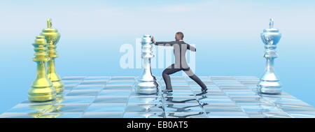 Geschäftsmann Strategie auf Drängen der Königin - 3D Schachbrett Rendern Stockfoto