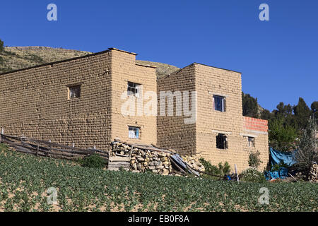 Haus von Adobe Ziegel in der kleinen Stadt Yampupata an der Spitze der Halbinsel Yampupata am Titicacasee in Bolivien Stockfoto