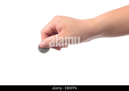 asiatischer Mann Hand mit koreanischen Münze, isoliert auf weiss Stockfoto