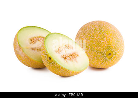Frische Galia Melonenscheiben isoliert auf weißem Hintergrund, Früchte Stockfoto