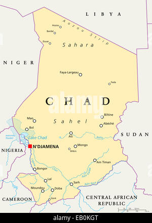 Chad politische Karte mit Hauptstadt N'Djamena, Landesgrenzen, wichtige Städte, Flüsse und Seen. Englische Beschriftung und Skalierung. Stockfoto