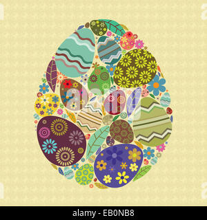 Buntes Osterei mit kleineren Eiern und andere grafische Elemente im Inneren. Isoliert auf gelben Osterei Muster Stockfoto