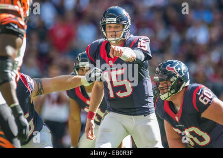 Houston, Texas, USA. 23. November 2014. Houston Texans quarterback Ryan Mallett (15) Punkte vor einem Spiel in der 1. Hälfte eines NFL-Spiel zwischen den Houston Texans und den Cincinnati Bengals NRG-Stadion in Houston, TX am 23. November 2014. Bildnachweis: Trask Smith/ZUMA Draht/Alamy Live-Nachrichten Stockfoto