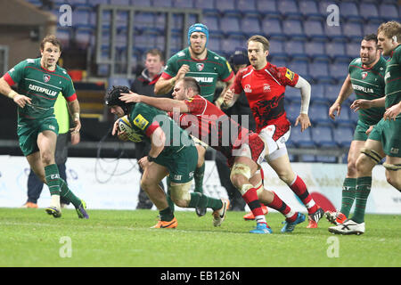 Oxford, UK. 23. November 2014. Aviva Premiership. London Welsh gegen Leicester Tigers. Harry Thacker (Leicester Tigers) auf die Ladung. Bildnachweis: Aktion Plus Sport/Alamy Live-Nachrichten Stockfoto