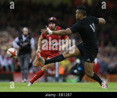 Cardiff, UK. 22. November 2014. Leigh Halfpenny Wales chips hinter Julian Savea von Neuseeland - Herbst-Test-Serie - Wales Vs New Zealand - Millennium Stadium - Cardiff - Wales 22. November 2014 - Bild Simon Bellis/Sportimage. © Csm/Alamy Live-Nachrichten Stockfoto