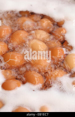 Eiern gekocht mit Wasser in den Topf Stockfoto