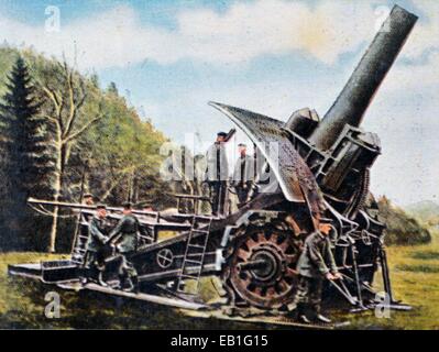 Eine zeitgenössische deutsche eingefärbte Propaganda-Foto zeigt deutsche Artillerie einrichten Wumme 42 cm Mörser, der "Big Bertha", Datum und Ort unbekannt (1914-1918). : Fotoarchiv Neumann - kein Draht-SERVICE Stockfoto