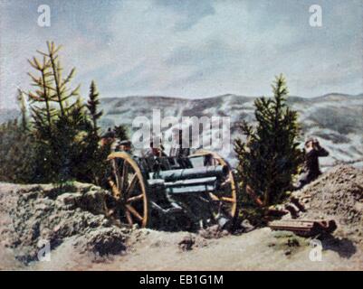 Eine zeitgenössische deutsche eingefärbte Propaganda-Foto zeigt eine deutsche Kanone während eines Kampfes gegen das russische Reich in den Karpaten ca. 1914/1915. : Fotoarchiv Neumann - kein Draht-SERVICE Stockfoto