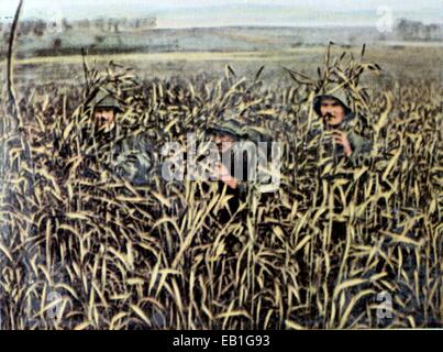 Das zeitgenössische eingefärbte deutsche Propaganda-Foto zeigt getarnte deutsche Patrouillen an der Ostfront im Jahre 1917. : Fotoarchiv Neumann - kein Draht-SERVICE Stockfoto