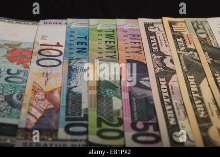 Geldscheine, NZ Dollar, malaysische Ringitts, britische Pfund, US Dollar, Euro, Stockfoto