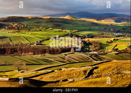 Ribblesdale, Blick in Richtung Smearsett Narbe und Ingleborough Hügel nahe dem Dorf Langcliffe, North Yorkshire, UK. Stockfoto