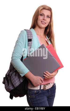 Studentin mit Rucksack und Ordner Stockfoto