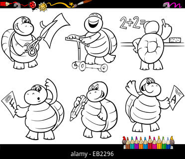 Coloring Book oder Seite Cartoon Illustration von Schwarz und weiß lustige Schildkröte Tier Charakter in der Schule für Kinder Stockfoto