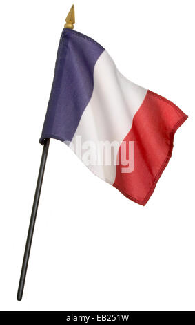 französische Miniatur-Flagge auf weißem Hintergrund Stockfoto