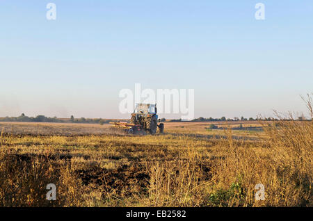 Traktor-Anbau von Weizen Stoppelfeld mit Ernterückstände, Ludogorie, Bulgarien Stockfoto