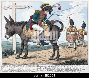 NAPOLEON, die "Die Reise eines modernen Helden auf der Insel Elba" Hand farbig drucken veröffentlicht im Mai 1814 von J.Phillips, London. Stockfoto