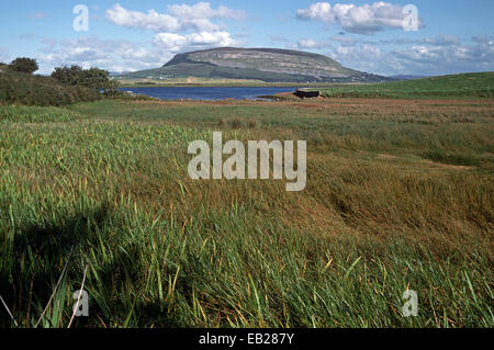 KNOCKNAREA HILL, COUNTY SLIGO, IRLAND, WO KÖNIGIN MAEVE GRABSTÄTTE AN DER SPITZE LIEGT. GENANNTEN DICHTER, DRAMATIKER UND NOBEL-PREISTRÄGER DER LITERATUR, WILLIAM BUTLER YEATS IN 'ERINNERUNGEN'. Stockfoto