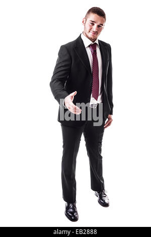 ein junger Geschäftsmann, Gruß und Händedruck isoliert auf einem weißen Hintergrund vorbereiten Stockfoto