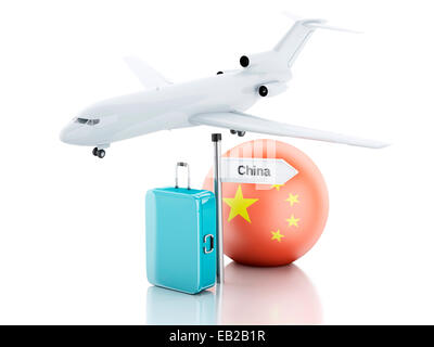 Bild von Reisekonzept. Koffer, Flugzeug und China Flaggensymbol. 3D Abbildung auf weißem Hintergrund Stockfoto