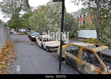 Nachwirkungen des tropischen Sturms super Hurrikan Sandy, in Queens, New York. Stockfoto