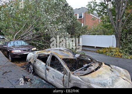 Nachwirkungen des tropischen Sturms super Hurrikan Sandy, in Queens, New York. Stockfoto