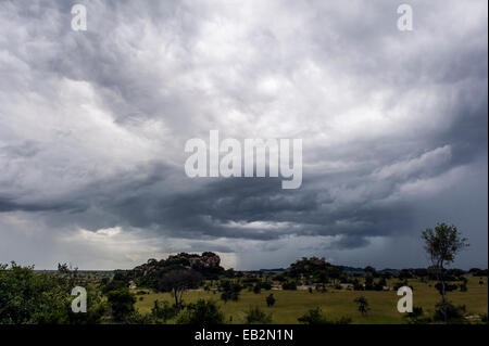 Bedrohliche Gewitterwolken Wirbeln über Granit Kopjes steigt aus der Savanne Grünland. Stockfoto