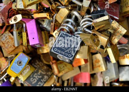 Liebesschlösser angehängt an das Geländer der Brücke Pont de l'Archevêché, Paris, Frankreich Stockfoto