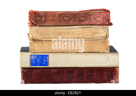 Stapel alter Bücher, isoliert auf weiss Stockfoto