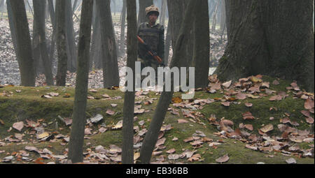 Srinagar, Kaschmir. 25. November 2014. Eine indische Secuirty Polizeitruppe (CRPF) steht Wache Seite Wahllokal die erste Phase der Abstimmung der Jammu und Kaschmir Zustand Wahlen zur Nationalversammlung am Rakhi Shalvit, Stadtrand von Srinagar, indische Kaschmir gesteuert. Tausende standen Schlange, um ihre Stimmen inmitten einem Boykott-Aufruf von muslimischen separatistischen Gruppen, die über die umstrittenen Himalaya-Region Indiens Souveränität ablehnen. Bildnachweis: Sofi Suhail/Alamy Live-Nachrichten Stockfoto