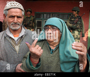 Srinagar, Kaschmir. 25. November 2014. Ein Kaschmir, die alten Frauen Fazi Alter von 90 Jahren den Finger zeigt, nachdem um ihre Stimmen vor einem Wahllokal in der ersten Phase der Abstimmung der Jammu und Kaschmir Zustand Versammlung Wahlen am Rakh Shilvat, Stadtrand von Srinagar, indische Kaschmir gesteuert. Tausende standen Schlange, um ihre Stimmen inmitten einem Boykott-Aufruf von muslimischen separatistischen Gruppen, die über die umstrittenen Himalaya-Region Indiens Souveränität ablehnen. Bildnachweis: Sofi Suhail/Alamy Live-Nachrichten Stockfoto