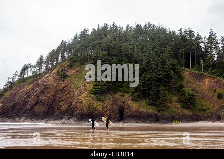 Surfer, die Surfbretter am Strand tragen Stockfoto