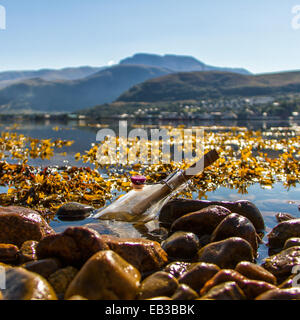 Nahaufnahme einer Botschaft in einer Flasche im Meer, Schottland, Großbritannien Stockfoto
