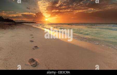 Riviera Maya, Mexiko Akumal Beach, Blick entlang der Küste mit Fußspuren im Sand bei Sonnenaufgang Stockfoto