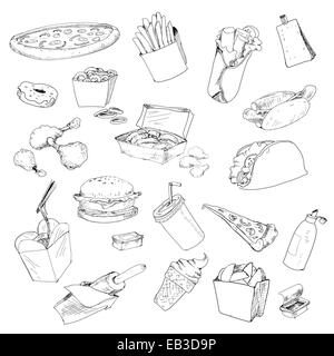 Fastfood-Sammlung. Handgezeichnete Grafik Illustrationen Stockfoto
