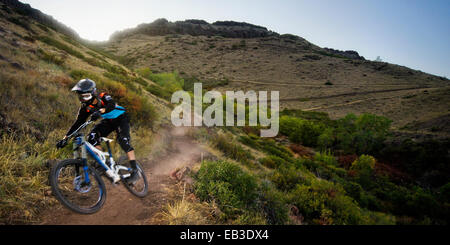 Mann Mountainbike entlang einer Bergstrecke, Golden, Jefferson County, Colorado, USA Stockfoto