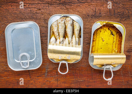 wild gefangenen Fischklösschen Sardinen in Olivenöl extra vergine - drei Dosen auf einem rustikalen Holz in Dosen Stockfoto