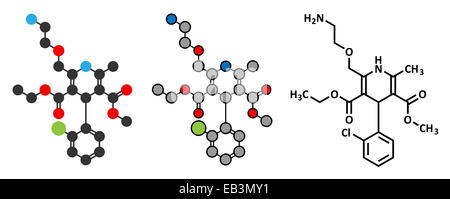 Amlodipin Wirkstoffmolekül Hypertonie (Bluthochdruck). Konventionelle Skelettformel und stilisierte Darstellungen. Stockfoto