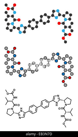 Daclatasvir experimentelle (2013) Hepatitis C Virus Wirkstoffmolekül. Konventionelle Skelettformel und stilisierte Darstellungen. Stockfoto