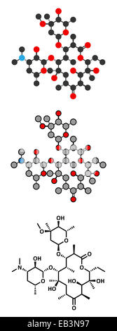 Erythromycin Antibiotika (Makrolid-Klasse) Wirkstoffmolekül. Konventionelle Skelettformel und stilisierte Darstellungen. Stockfoto