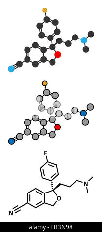 Escitalopram Antidepressivum (SSRI-Klasse) Wirkstoffmolekül. Konventionelle Skelettformel und stilisierte Darstellungen. Stockfoto