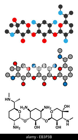Gentamicin antibiotischen Medikaments (Aminoglykosid-Klasse) Molekül. Konventionelle Skelettformel und stilisierte Darstellungen. Stockfoto